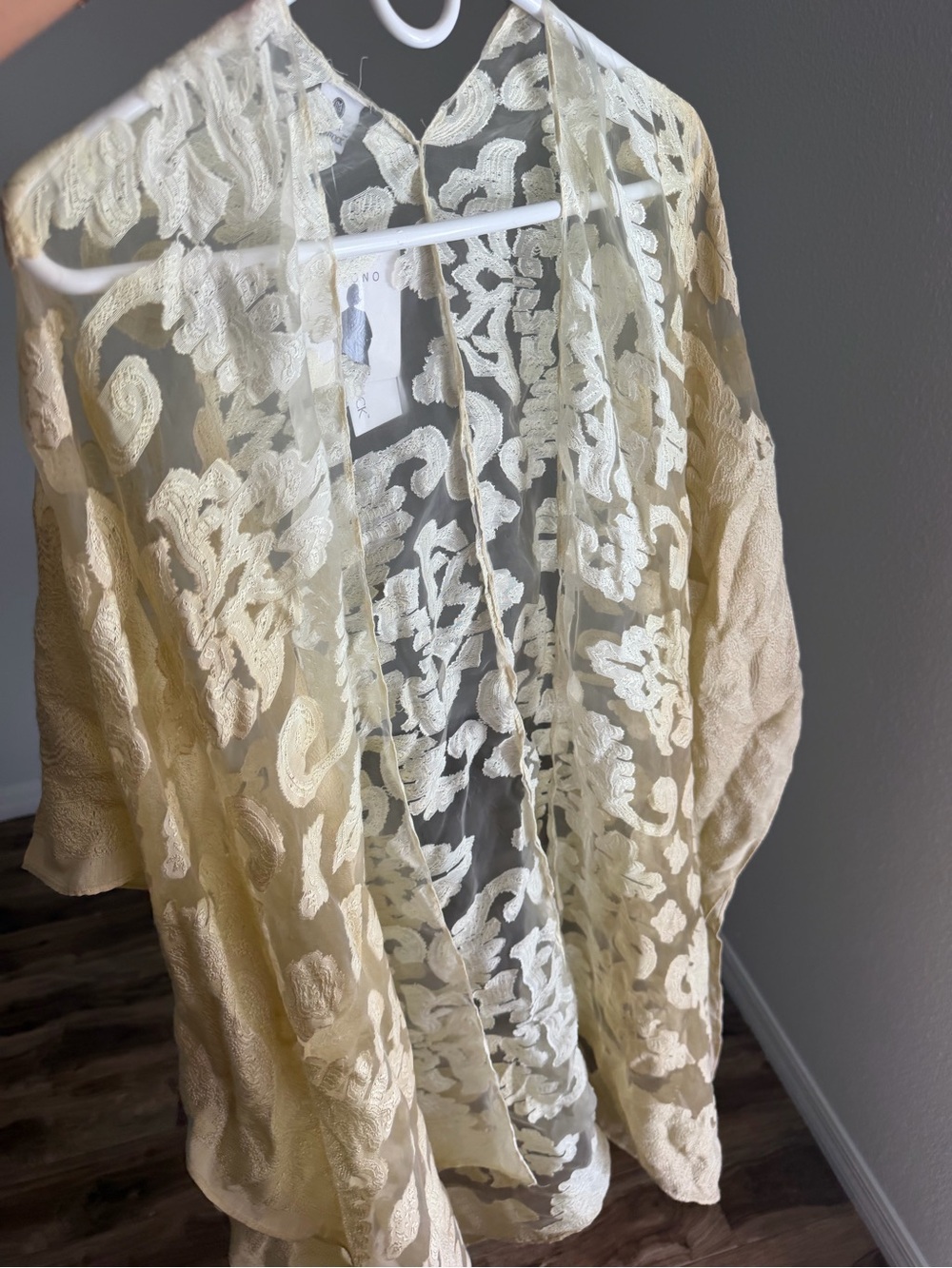 Vintage Jessica McClintock Cream Tropical Lace Open Front Kimono Duste